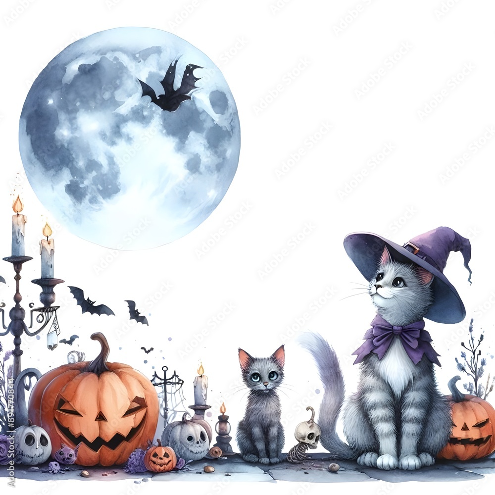 Fototapeta premium Watercolor Halloween, witch Cat Illustration,spooky,empty space