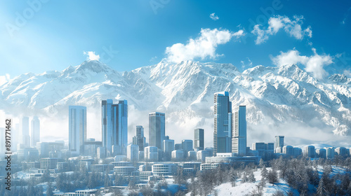 Snowy peaks with modern buildings, blue sky