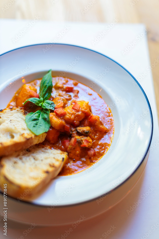 Portion of Livorno fish stew with toast Portion of Livorno fish stew with toast