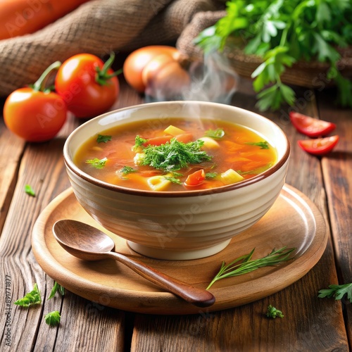 Steaming Bowl of Tomato Soup With Pasta and Parsley on Wooden Table. Generative AI photo