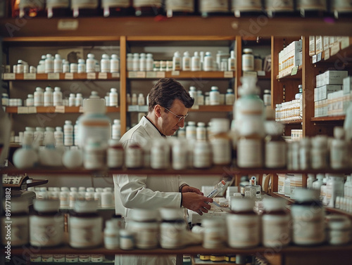 Pharmacist Examining Medicine Bottles in a Well-Stocked Pharmacy