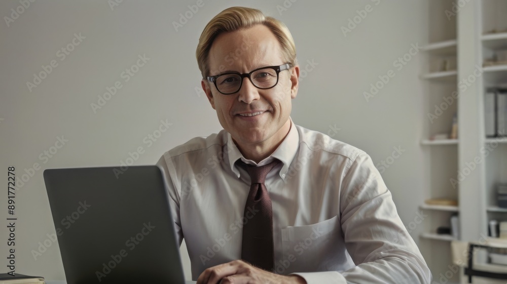 Smiling Businessman Working at a Desk With a Laptop Smiling Businessman Working at a Desk With a Laptop