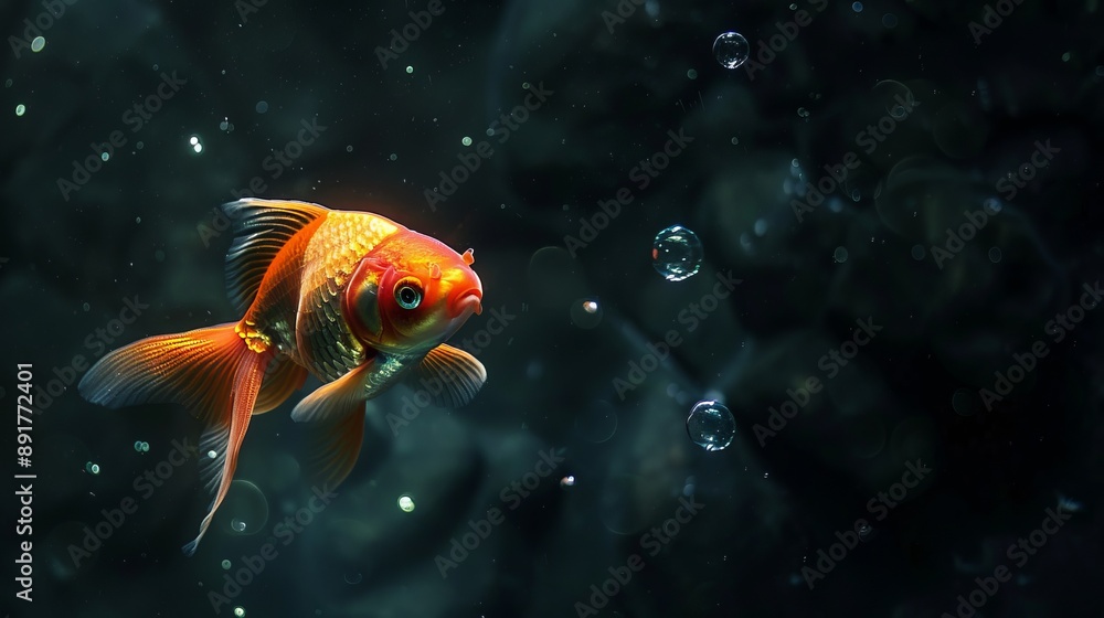 Goldfish Swimming in Dark Water with Bubbles Goldfish Swimming in Dark Water with Bubbles