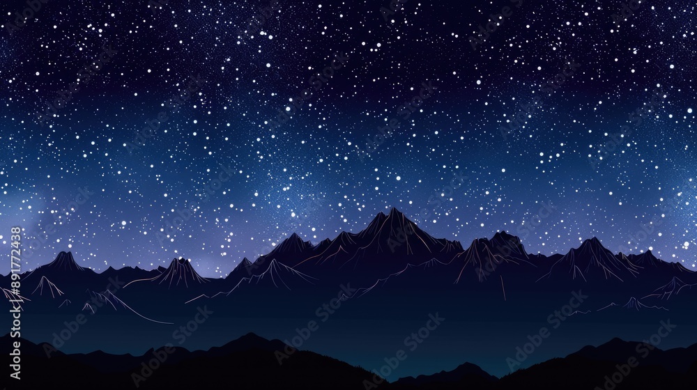 The silhouette of a mountain range under a clear, starry night sky. The silhouette of a mountain range under a clear, starry night sky.