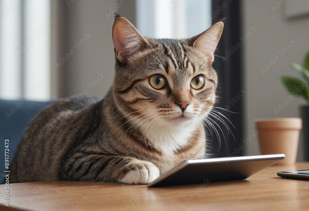 A cat staring intently at a tablet screen, seemingly watching a video. A cat staring intently at a tablet screen, seemingly watching a video.