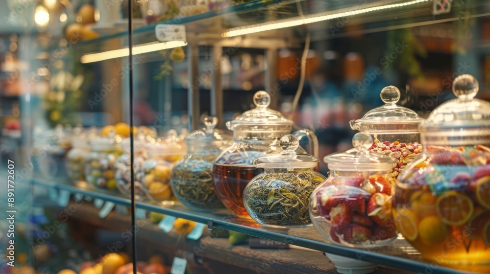 Beautiful tea jars on a market stall viewed through a glass window. Clear jars filled with colorful dried tea blends. Ambient lighting creates a cozy and inviting scene in a market setting. AI Beautiful tea jars on a market stall viewed through a glass window. Clear jars filled with colorful dried tea blends. Ambient lighting creates a cozy and inviting scene in a market setting. AI