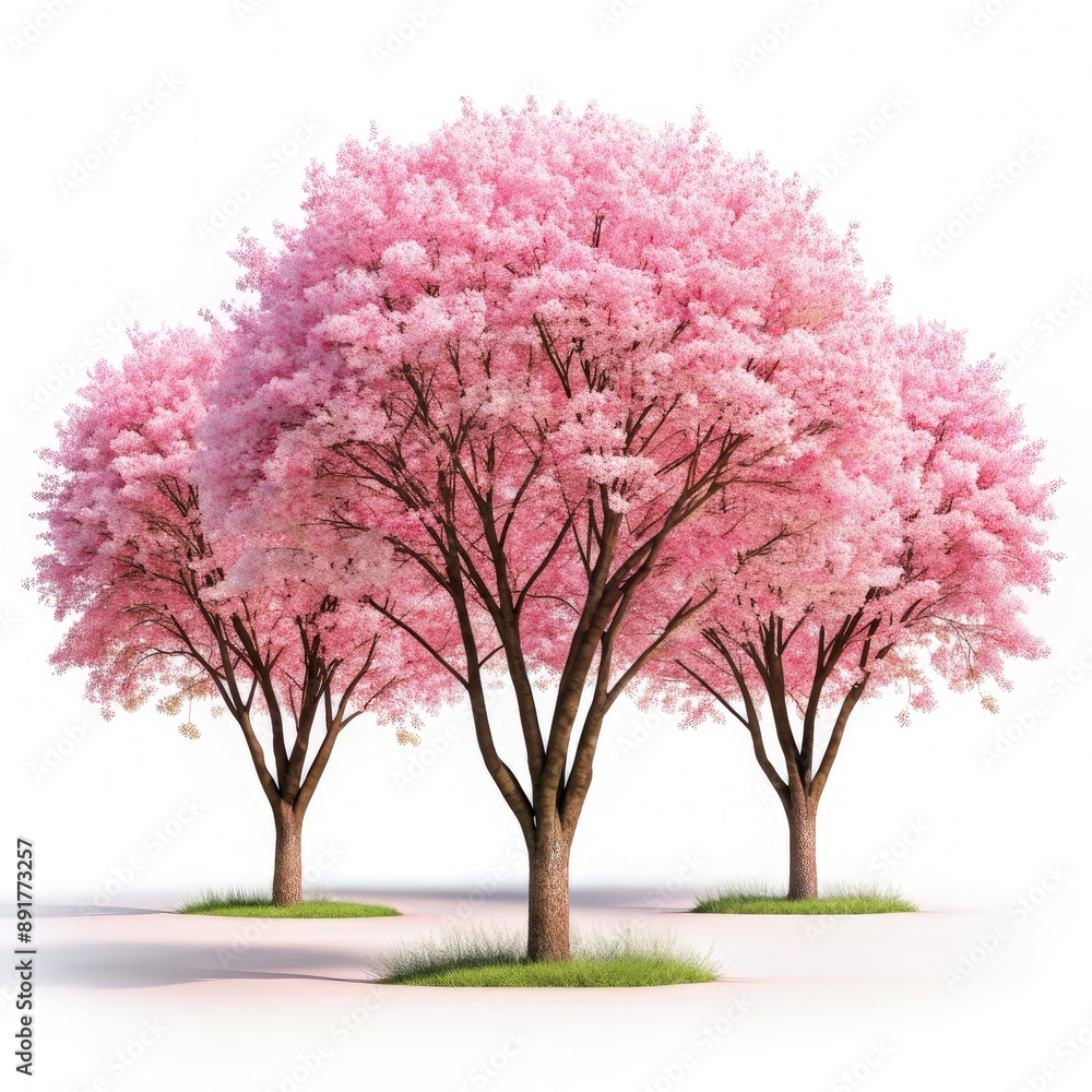 Three Pink Cherry Blossom Sakura Trees Against a White Background. Generative AI Three Pink Cherry Blossom Sakura Trees Against a White Background. Generative AI