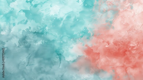 An abstract watercolor painting featuring a soft blend of coral and turquoise hues