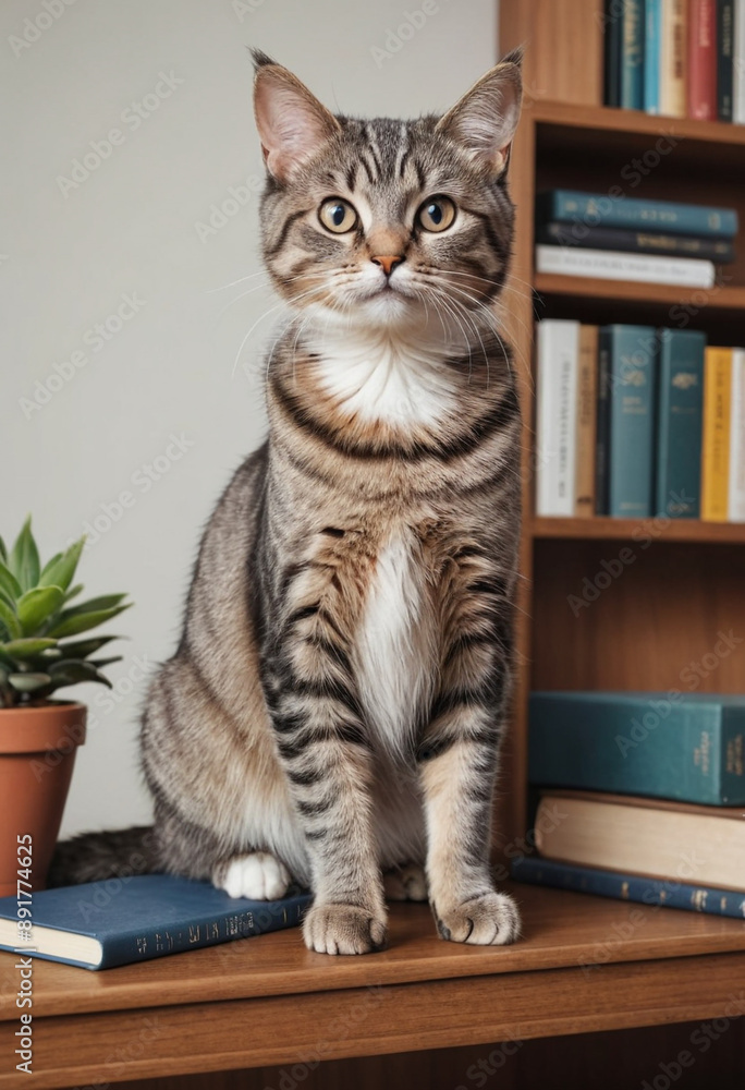 A mischievous cat perched on top of a bookshelf. A mischievous cat perched on top of a bookshelf.