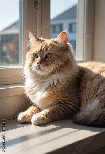  A fluffy cat napping in a sunbeam on a windowsill. 