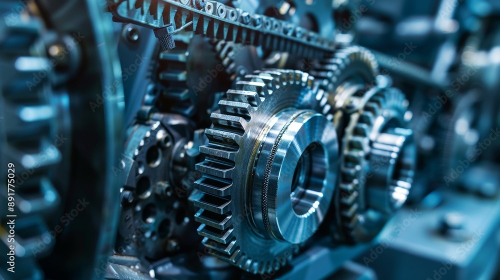 A detailed close-up view of complex mechanical gears in an industrial machine setting; the image showcases engineering and precision. A detailed close-up view of complex mechanical gears in an industrial machine setting; the image showcases engineering and precision.