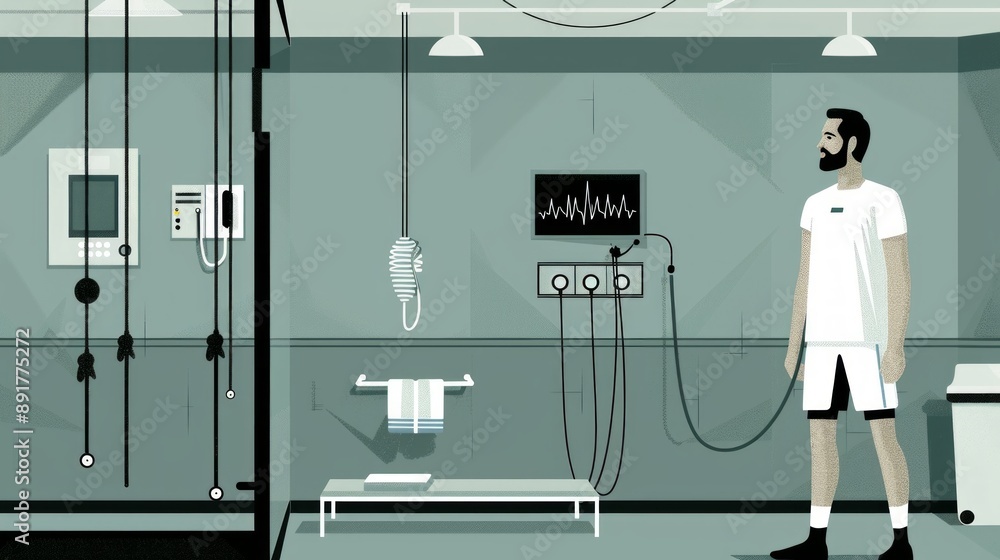 athlete stands in a sterile room, connected to an electrocardiogram machine, while his heart rate is being monitored. athlete stands in a sterile room, connected to an electrocardiogram machine, while his heart rate is being monitored.