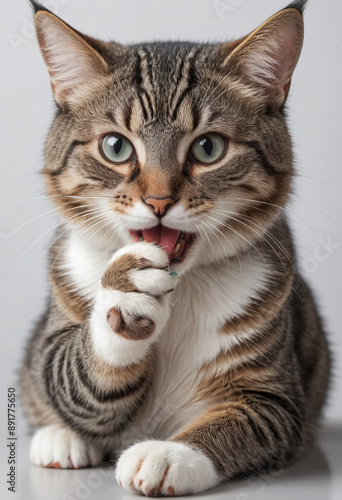  A cat meticulously licking its paw to clean itself. 