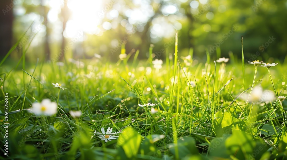 A close-up view of a sunny spring meadow with green grass and white wildflowers in bloom A close-up view of a sunny spring meadow with green grass and white wildflowers in bloom