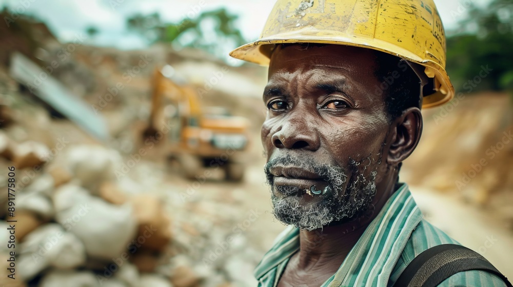 Fototapeta premium A determined construction worker wearing a yellow helmet stands at a rugged work site, symbolizing labor, determination, resilience, engineering, and humanity