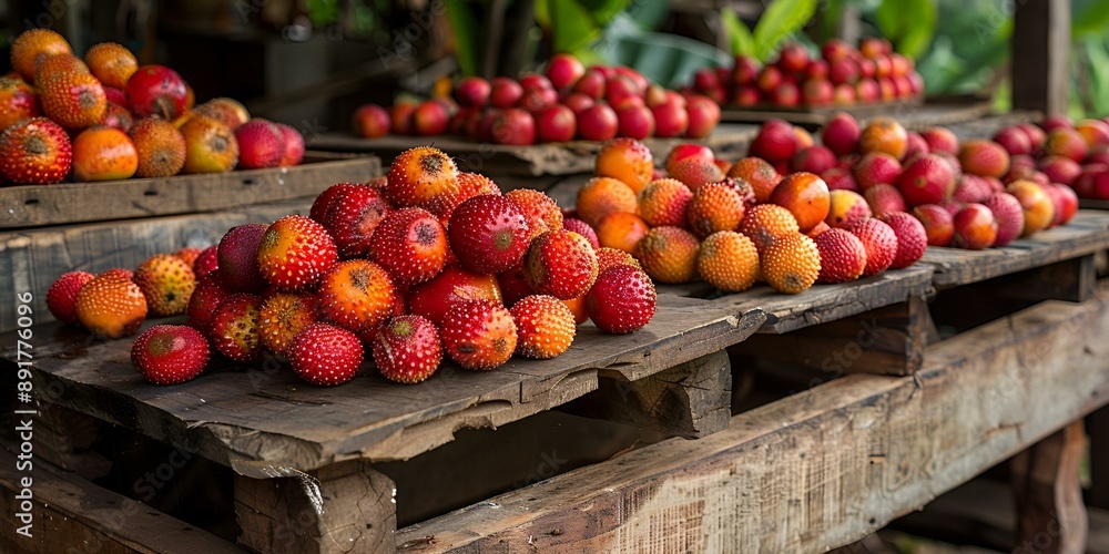 Fresh red and yellow fruits displayed on wooden surface. Fresh red and yellow fruits displayed on wooden surface.