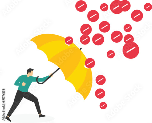 Emotional protection. man protecting himself with big umbrella from negative thoughts

