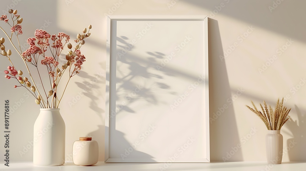 Minimalist Home Decor Mockup with Vertical Frame and Vases Minimalist Home Decor Mockup with Vertical Frame and Vases