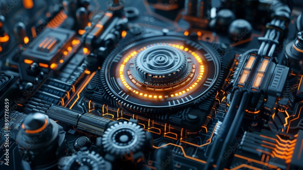 A close-up of a futuristic technology background, showcasing a complex system of interconnected circuitry, gears, and glowing lights. It represents innovation, complexity, and the advancement of techn A close-up of a futuristic technology background, showcasing a complex system of interconnected circuitry, gears, and glowing lights. It represents innovation, complexity, and the advancement of techn