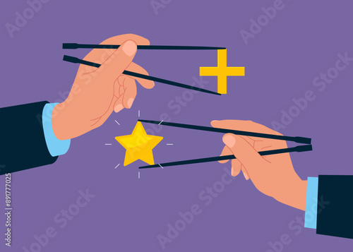 Gamma arms fingers hold chopsticks with star value and another added plus sign. Modern flat vector illustration.