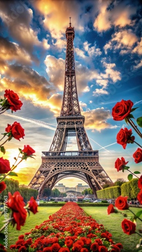 Eiffel Tower View With Red Roses in Paris. Generative AI photo