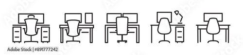 Desk icon set, office desk vector icon in line style. Work table vector illustration. Workplace with computer and desk lamp icon in transparent background.