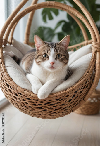  A cat napping inside a miniature hammock. 