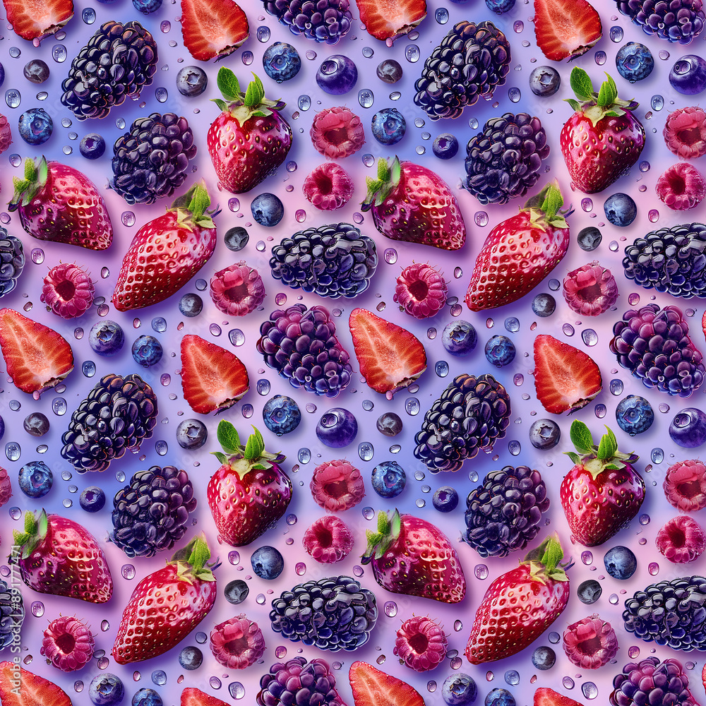 Fresh summer berries pattern with dew drops Fresh summer berries pattern with dew drops