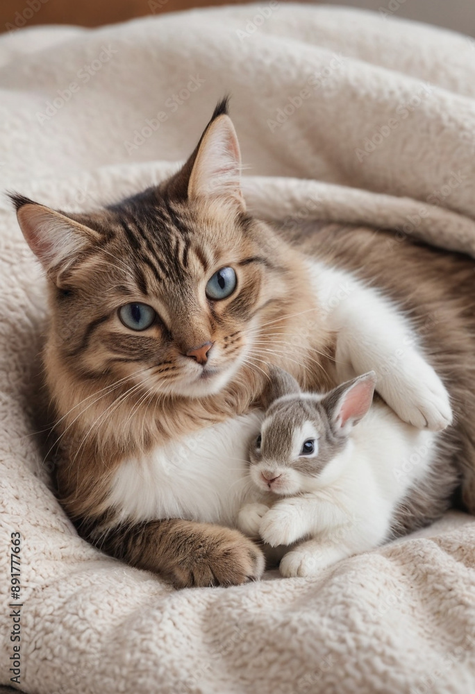 A cat cuddling with a baby bunny. A cat cuddling with a baby bunny.