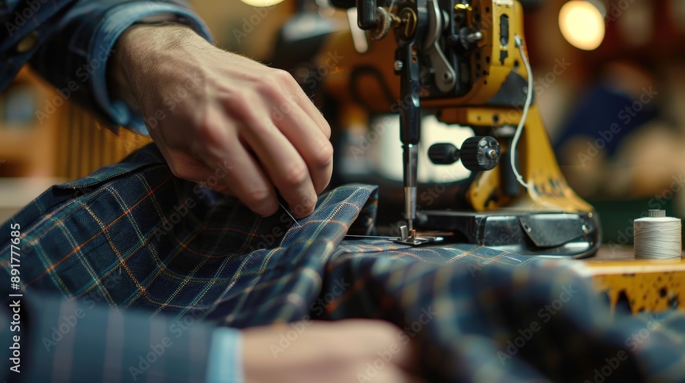 A tailor carefully sews a piece of plaid fabric using an industrial sewing machine in a well-lit workshop A tailor carefully sews a piece of plaid fabric using an industrial sewing machine in a well-lit workshop