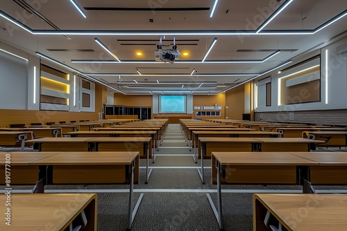 A spacious, empty classroom with neat rows of desks, bright lighting, and a projector screen at the front