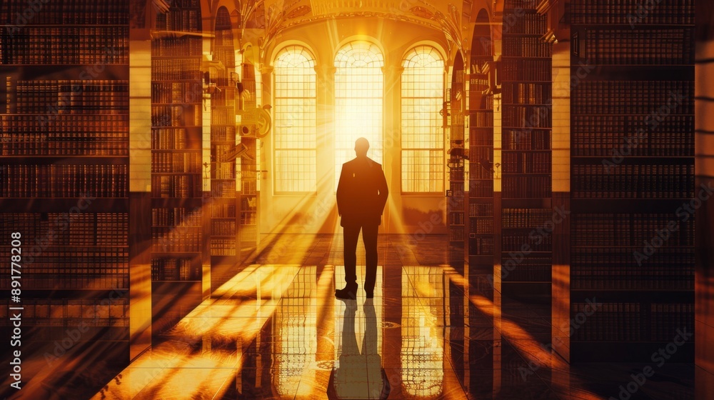 A man stands in the center of a grand library with sunlight streaming through tall windows, symbolizing knowledge, enlightenment, education, and a path forward. A man stands in the center of a grand library with sunlight streaming through tall windows, symbolizing knowledge, enlightenment, education, and a path forward.