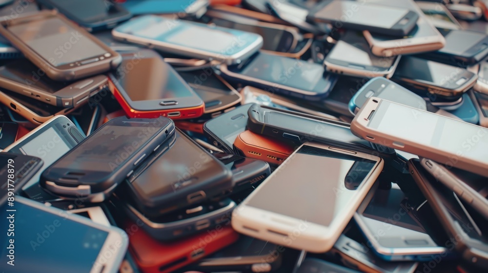 This image depicts a heap of old and used mobile phones, representing e-waste, technological obsolescence, recycling, electronic waste disposal, and digital evolution. This image depicts a heap of old and used mobile phones, representing e-waste, technological obsolescence, recycling, electronic waste disposal, and digital evolution.