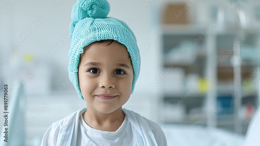 A young child wearing a blue hat and a white shirt is smiling. The child is in a hospital room, and the room is filled with medical equipment and supplies A young child wearing a blue hat and a white shirt is smiling. The child is in a hospital room, and the room is filled with medical equipment and supplies