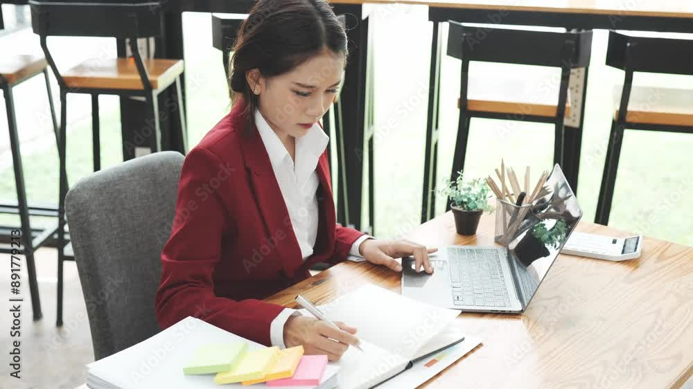 Portrait of woman working in finance using tablet computer and calculator in modern office Prepare account analysis reports Real estate investment information Financial and tax system concepts Portrait of woman working in finance using tablet computer and calculator in modern office Prepare account analysis reports Real estate investment information Financial and tax system concepts