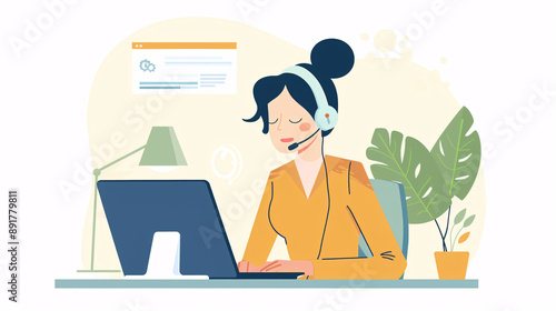 Customer service: a happy call center agent giving advice online using a headset. Operator, telemarketing, and support with a hotline consultant working for 