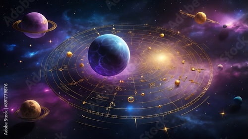 Gold zodiac wheel with planets in space. Ideal for astrology, horoscope, celestial themes, spiritual concepts, and mystical designs.