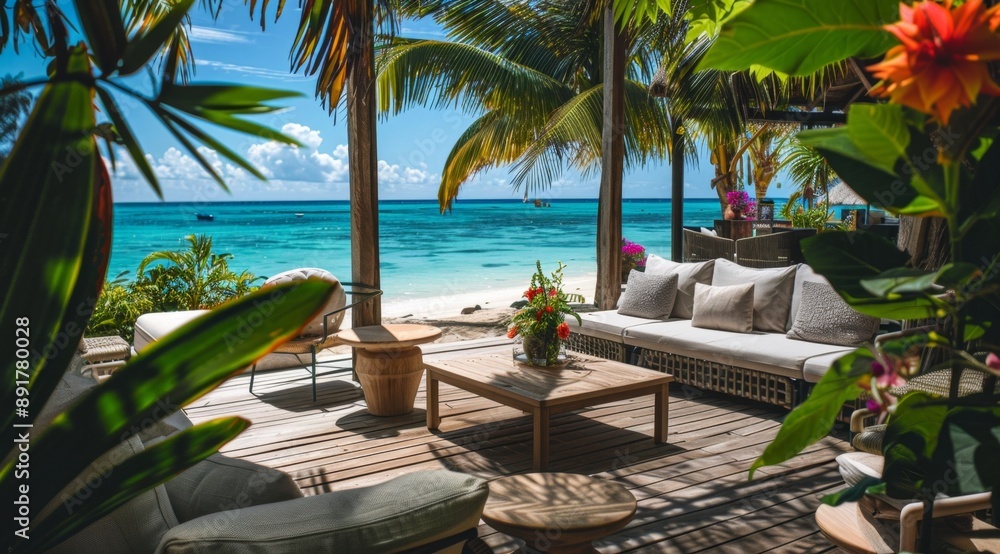 Fototapeta premium This stunning beachfront setting features a cozy lounge area symbolizing relaxation, luxury, natural beauty, paradise, and tranquilityâwith lush tropical plants framing a turquoise ocean view.