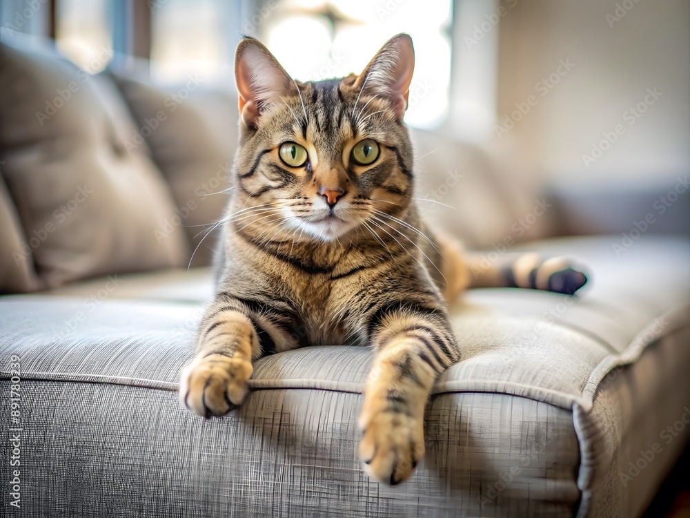 Obraz premium A cute pet Norwegian forest cat lying on the sofa with a blurred background