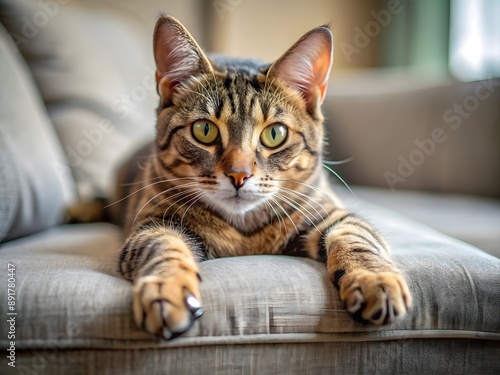 A cute pet Norwegian forest cat lying on the sofa with a blurred background