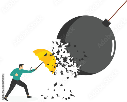 Open red umbrella which protects from a collision with a broken wrecking ball. IT defense. Insurance and protection. Vector illustration

