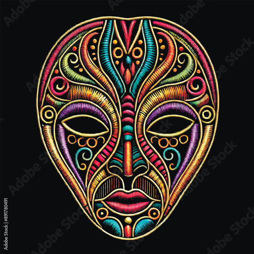 Embroidery textured colorful 3d isolated vector african mask with intricate patterns on black background. Embroidered tribal ethnic ornamental african style face mask. Surface grunge 3d texture.