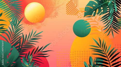 A vibrant composition featuring tropical foliage and geometric shapes blending green leaves and yellow, red, and orange hues. Concept: tropical ambiance, geometric design, foliage, vibrant colors, abs