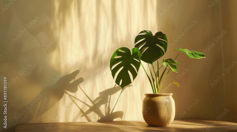 A monstera plant in an elegant vase stands on the table, the light falls from above and casts beautiful shadows on the beige wall A monstera plant in an elegant vase stands on the table, the light falls from above and casts beautiful shadows on the beige wall