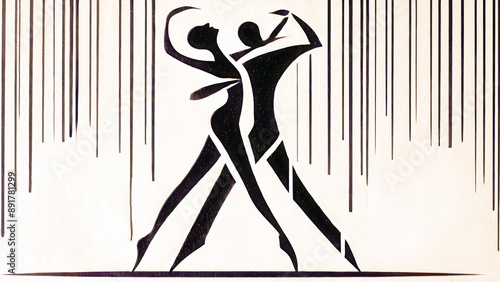 Two abstract figures, a man and a woman, are depicted in a dance pose. The black silhouettes are set against a beige background with vertical lines, conveying motion and elegance.