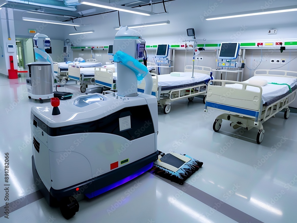 Robotic cleaning machines in hospital intensive care unit, spotless floors, clean beds, and organized medical equipment. Robotic cleaning machines in hospital intensive care unit, spotless floors, clean beds, and organized medical equipment.