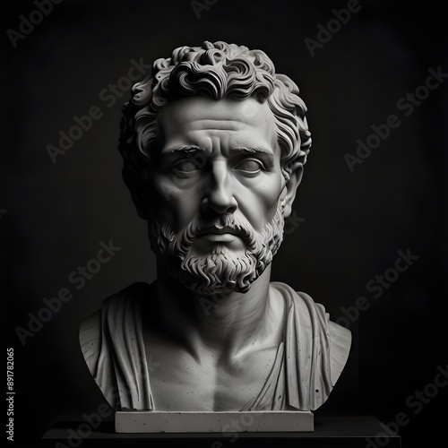 Black and white greek marble stoicism figure statue with black background