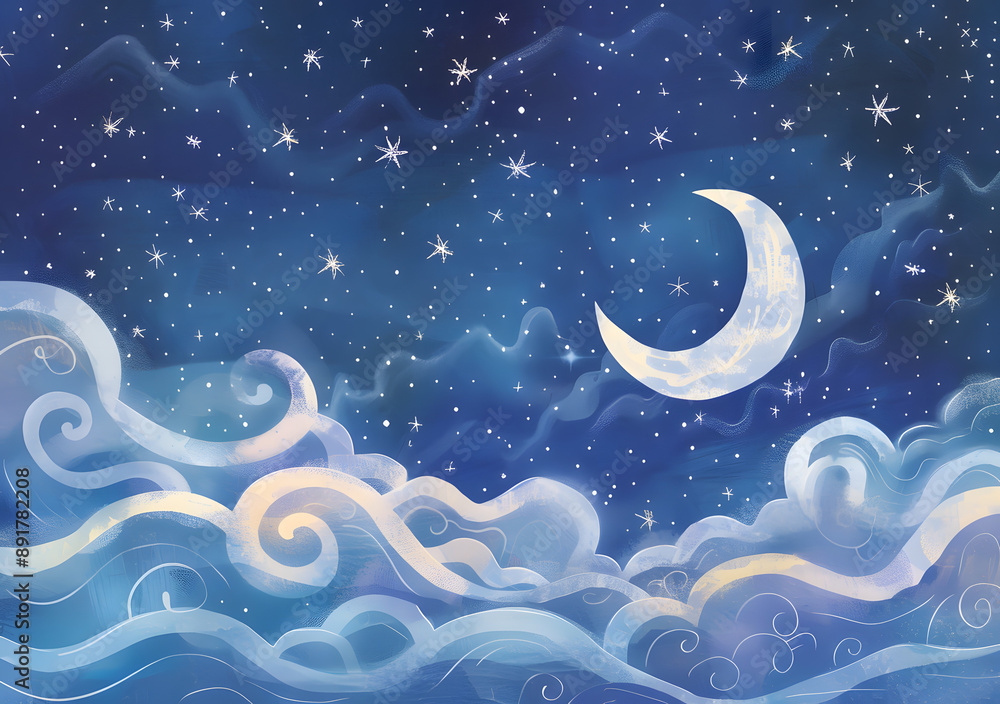 Fototapeta premium Dreamy Night Sky with Moon and Clouds