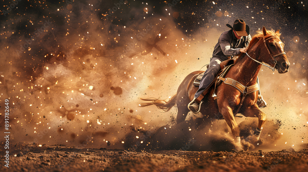 Obraz premium A man on horseback galloping across a dusty field