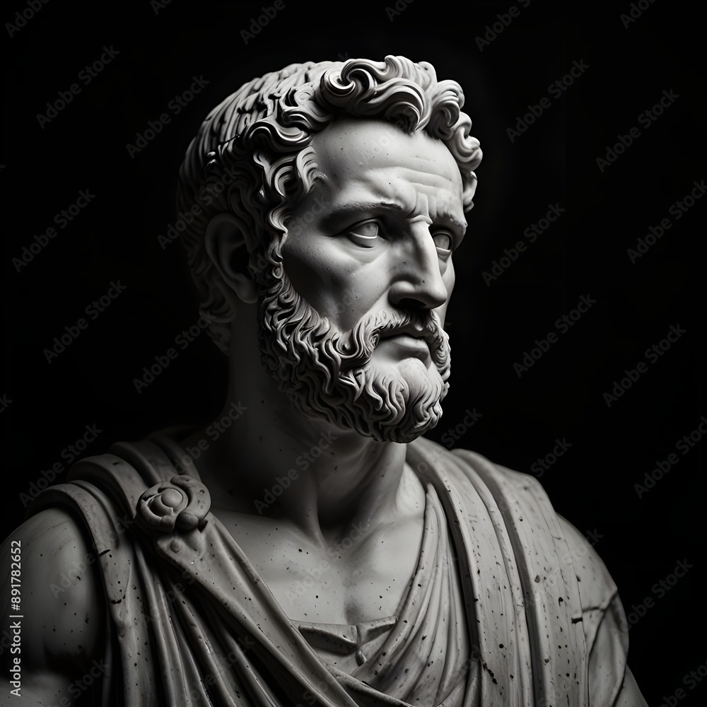 Black and white greek marble stoicism figure statue with black background Black and white greek marble stoicism figure statue with black background